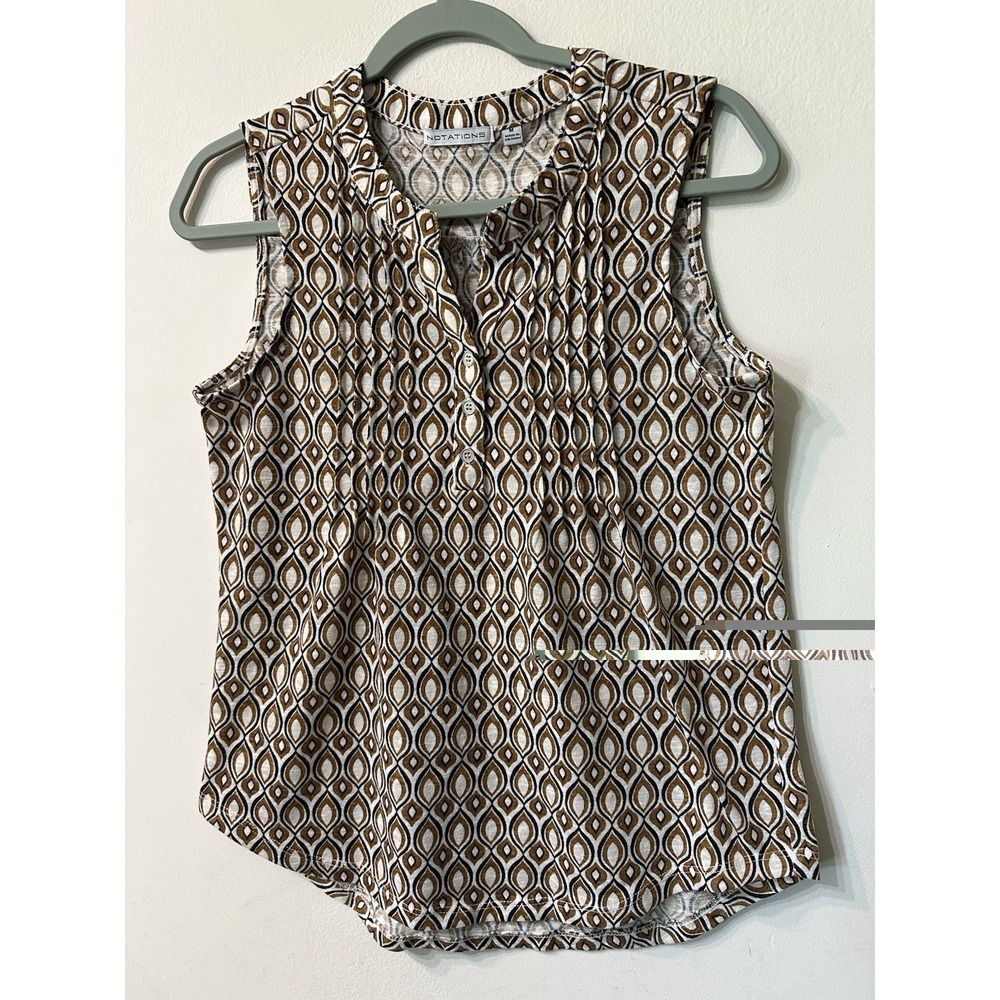 Notations Womens Sleeveless Blouse M Geometric Print Button Front Pleated Top